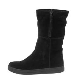 Pre Owned Prada Black Suede Zip Mild Calf Boots Size 39.5