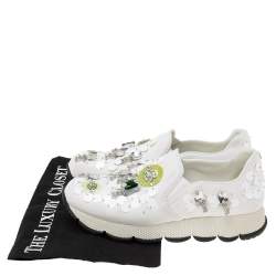 Pre Owned Prada White Fabric Crystals Embellished Slip-On Sneakers Size 37