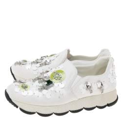Pre Owned Prada White Fabric Crystals Embellished Slip-On Sneakers Size 37