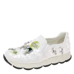Pre Owned Prada White Fabric Crystals Embellished Slip-On Sneakers Size 37