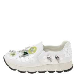 Pre Owned Prada White Fabric Crystals Embellished Slip-On Sneakers Size 37