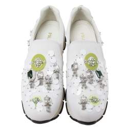 Pre Owned Prada White Fabric Crystals Embellished Slip-On Sneakers Size 37