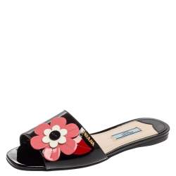 Pre Owned Prada Black Patent Leather Floral Applique Flat Slides Size 36.5