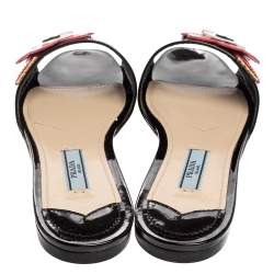 Pre Owned Prada Black Patent Leather Floral Applique Flat Slides Size 36.5