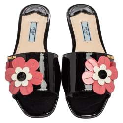 Pre Owned Prada Black Patent Leather Floral Applique Flat Slides Size 36.5