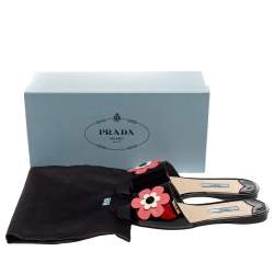 Pre Owned Prada Black Patent Leather Floral Applique Flat Slides Size 36.5