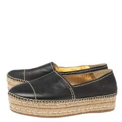 Pre Owned Prada Black Leather Platform Flat Espadrilles Size 41