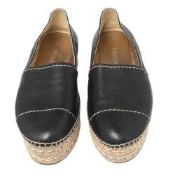 Pre Owned Prada Black Leather Platform Flat Espadrilles Size 41
