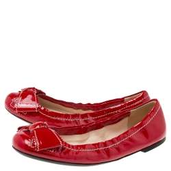 Pre Owned Prada Red Patent Leather Bow Scrunch Ballet Flats Size 38.5