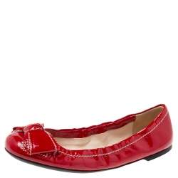 Pre Owned Prada Red Patent Leather Bow Scrunch Ballet Flats Size 38.5