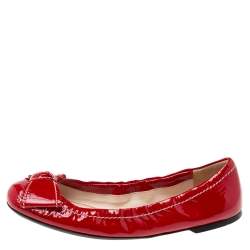 Pre Owned Prada Red Patent Leather Bow Scrunch Ballet Flats Size 38.5