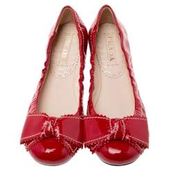Pre Owned Prada Red Patent Leather Bow Scrunch Ballet Flats Size 38.5