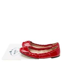 Pre Owned Prada Red Patent Leather Bow Scrunch Ballet Flats Size 38.5