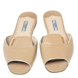 Pre Owned Prada Beige Saffiano Vernice Leather Flat Slides Size 39