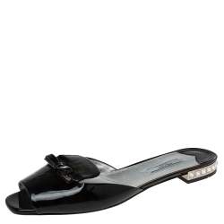 Pre Owned Prada Black Patent Leather Bow Flat Slide Sandals Size 40