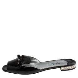 Pre Owned Prada Black Patent Leather Bow Flat Slide Sandals Size 40