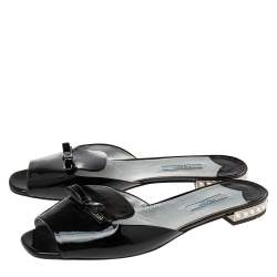 Pre Owned Prada Black Patent Leather Bow Flat Slide Sandals Size 40