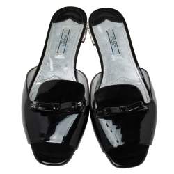 Pre Owned Prada Black Patent Leather Bow Flat Slide Sandals Size 40