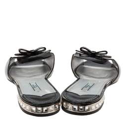 Pre Owned Prada Black Patent Leather Bow Flat Slide Sandals Size 40