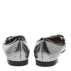 Pre Owned Prada Silver Patent Leather Buckle Detail Pointed Toe Flats Size 37
