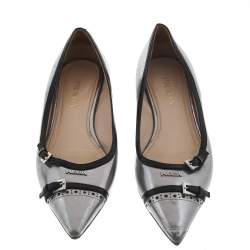 Pre Owned Prada Silver Patent Leather Buckle Detail Pointed Toe Flats Size 37