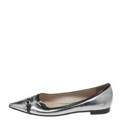 Pre Owned Prada Silver Patent Leather Buckle Detail Pointed Toe Flats Size 37