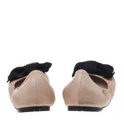 Pre Owned Prada Beige/Black Leather And Fabric Bow Scrunch Ballet Flats Size 37.5