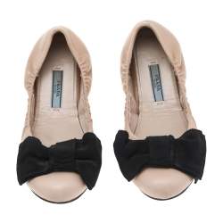 Pre Owned Prada Beige/Black Leather And Fabric Bow Scrunch Ballet Flats Size 37.5