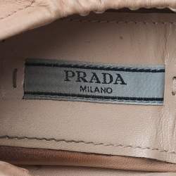 Pre Owned Prada Beige/Black Leather And Fabric Bow Scrunch Ballet Flats Size 37.5