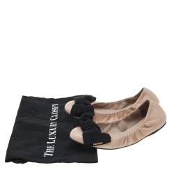 Pre Owned Prada Beige/Black Leather And Fabric Bow Scrunch Ballet Flats Size 37.5