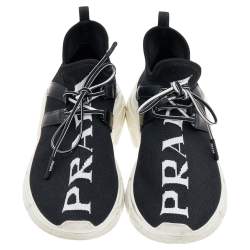 Pre Owned Prada Black Logo Knit Fabric Low Top Sneakers Size 35