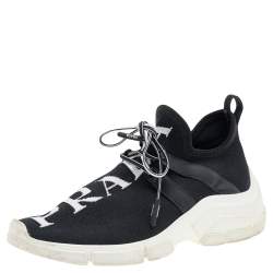 Pre Owned Prada Black Logo Knit Fabric Low Top Sneakers Size 35
