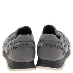 Pre Owned Prada Grey Canvas Crystal Embellished Slip On Sneakers Size 39