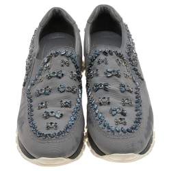 Pre Owned Prada Grey Canvas Crystal Embellished Slip On Sneakers Size 39