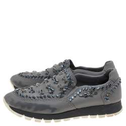 Pre Owned Prada Grey Canvas Crystal Embellished Slip On Sneakers Size 39