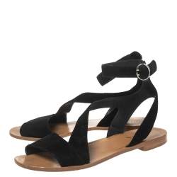 Prada Black Suede Ankle Wrap T Strap Flat Sandals Size 40