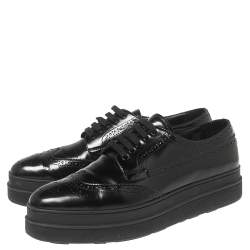 Pre Owned Prada Black Patent Brogue Leather Platform Derby Size 40.5