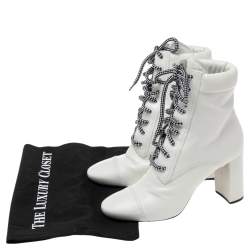 Pre Owned Prada White Leather Lace Up Combat Ankle Boots Size 38