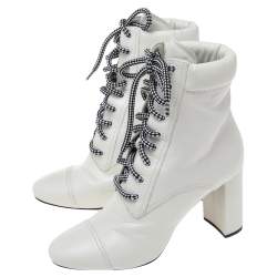 Pre Owned Prada White Leather Lace Up Combat Ankle Boots Size 38
