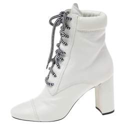 Pre Owned Prada White Leather Lace Up Combat Ankle Boots Size 38