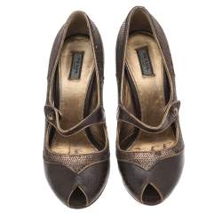 Prada Vintage Brown Leather And Sequins Mary Jane Peep Toe Pumps Size 37