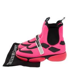 Pre Owned Prada Neon Pink/Black Mesh and Rubber Trim Cloudbust High-Top Sneakers Size 38