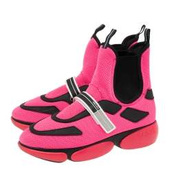 Pre Owned Prada Neon Pink/Black Mesh and Rubber Trim Cloudbust High-Top Sneakers Size 38
