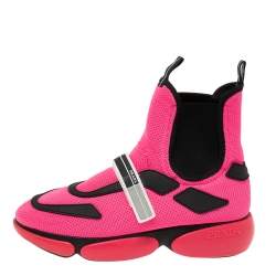Pre Owned Prada Neon Pink/Black Mesh and Rubber Trim Cloudbust High-Top Sneakers Size 38