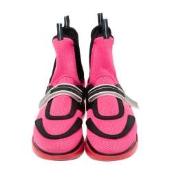Pre Owned Prada Neon Pink/Black Mesh and Rubber Trim Cloudbust High-Top Sneakers Size 38
