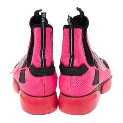 Pre Owned Prada Neon Pink/Black Mesh and Rubber Trim Cloudbust High-Top Sneakers Size 38
