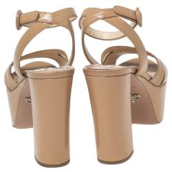 Pre Owned Prada Beige Patent Leather Platform Ankle Strap Sandals Size 36.5
