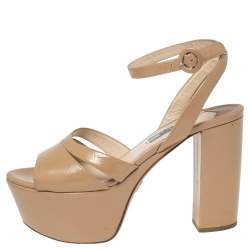 Pre Owned Prada Beige Patent Leather Platform Ankle Strap Sandals Size 36.5
