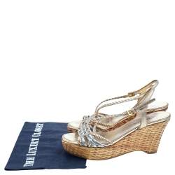 Pre Owned Prada Metallic Gold/Silver Leather Braided  Platform Wedge Sandals Size 35