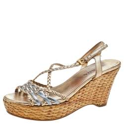Pre Owned Prada Metallic Gold/Silver Leather Braided  Platform Wedge Sandals Size 35